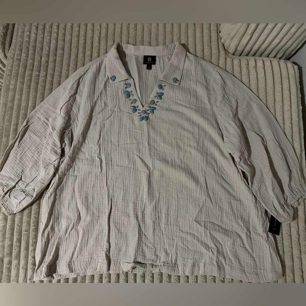 Beige Blouse with Turquoise Jeweled Accents